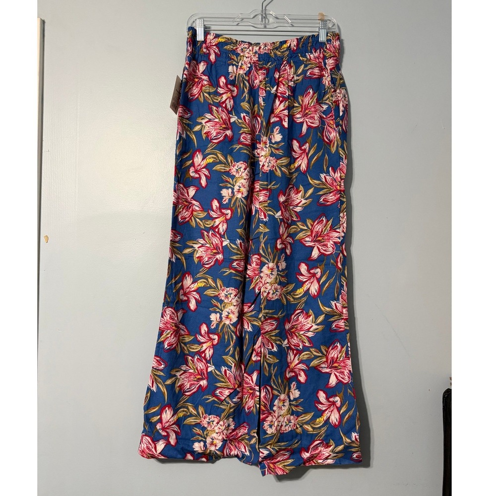A New Day Medium Short Blue Pink Floral Wide Leg Linen Blend Pants 2393